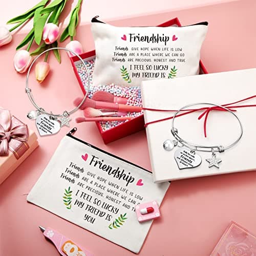 Kenning 12 Pieces Christmas Friends Gifts for Women Friendships Makeup Bag Adjustable Bangle Friendship Bracelet Long Distance Friendship Birthday Gifts for Graduation Family Sister(Classic)