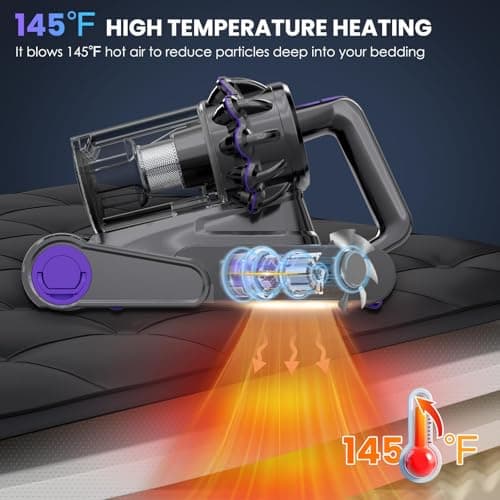 Mattress Vacuum, Bed Vacuum Cleaner with 16Kpa Suction 253.7nm UV-C Light, 145°F Heat & 30000 RPM/Min Tapping, HEPA Filter & Ultrasonic, 600W Powerful Vacuums for Bed, Sofa, Couch(Corded)