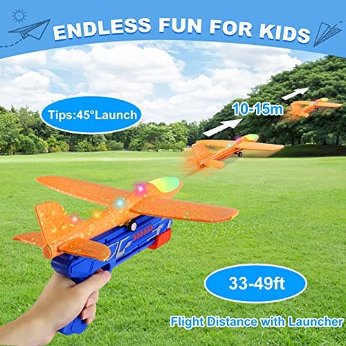 Fuwidvia 3 Pack Airplane Launcher Toys, 13.2'' LED Foam Glider Plane Toy for Boys, 2 Flight Modes Outdoor Flying Toys Birthday Gifts for Boys Girls 4 5 6 7 8 9 10 11 12 Year Old (Blue&Green&Orange)