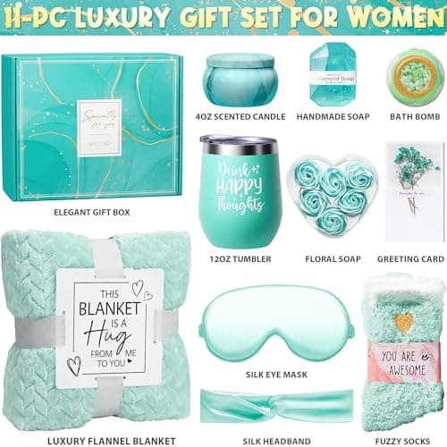 Birthday Gifts for Women Self Care Gifts Get Well Soon Gifts, Ocean Relaxing Spa Gifts Basket Care Package w/ Luxury Flannel Blanket, Unique Mothers Day Gifts Idea for Mom Her Friends Sister Wife