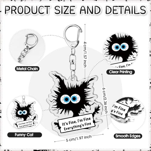 Funny Black Cat Keychains It's Fine Everything's Fine Appreciation Gifts for Cat Lovers Women Coworkers Employees
