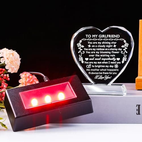 YWHL Romantic Girlfriend Gifts from Boyfriend, To My Girlfriend Crystal Heart Shaped Keepsake with Colorful Light Base, Girlfriend Birthday Gift, Gifts for Girlfriend on Anniversary Valentine