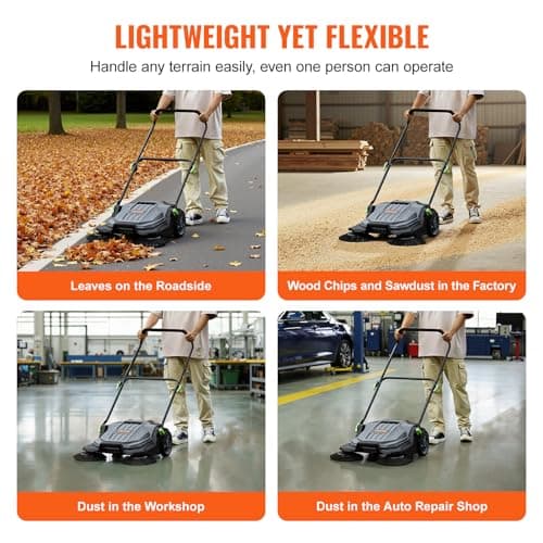 VEVOR Walk-Behind Hand Push Floor Sweeper, 25.6" Sweeping Width Floor Sweeper Manual Non-Electric, 5-Gallon Waste Container, Angle & Height Adjustable Folding Handle for Walkway, Yard, Garage, Patio