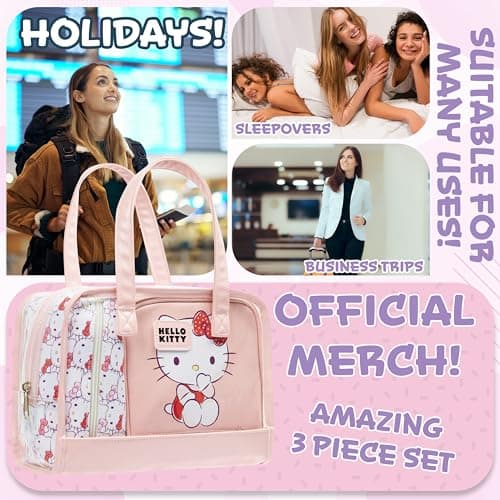 Hello Kitty Toiletry Bag and Makeup Bag Set of 3 for Women Teens Girls Zipped Cosmetics Case Kawaii Travel Essentials Anime Gifts for Her