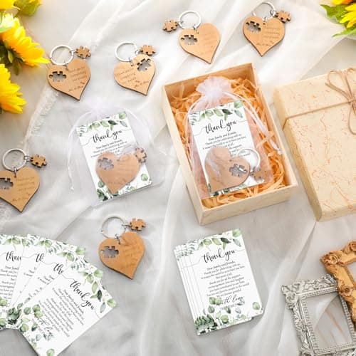 50 Sets Wedding Souvenir for Guests Includes Wood Heart Puzzle Keychain Cards and Gift Bags Rustic Wedding Favors for Guests
