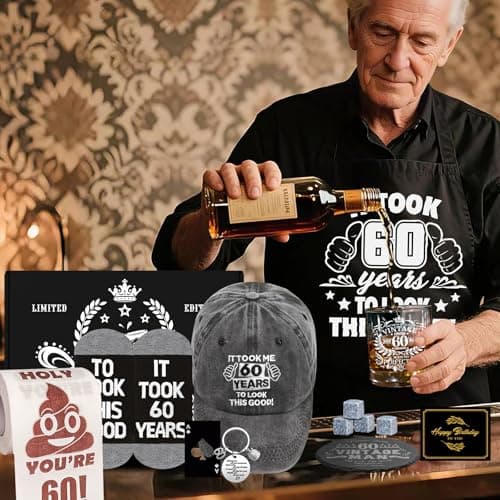 60th Birthday Gifts for Men Whiskey Glass Set, 60th Birthday Party Supplies with 11 Oz Whiskey Glass Coaster Stone Baseball Cap Apron Sock Funny Toilet Paper Keychain for Him, Dad, Husband, Friends