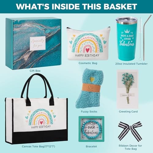 Birthday Gifts Basket for Women,Happy BD Box for Her,Tuning to a New Year Old Female Gifts Bag,Unique Canvas Tote Bag Bday Presents Set Ideas for Mom Best Friend Sister Aunt Teacher Coworker Grandma