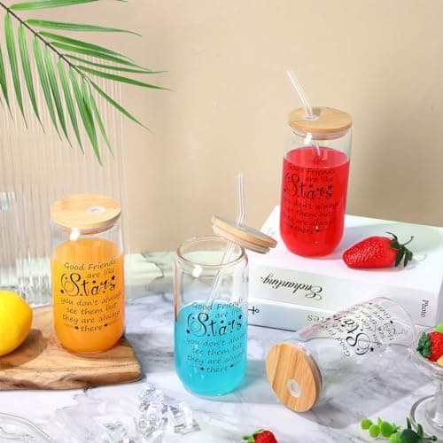 6 Set Friendship Gifts for Women,16 oz Galentines Day Glass Cup Friendship Gift Ideas Best Friend Birthday Gift Friendsgiving Wine Glasses Bulk Ice Coffee Cup for Friend Group(Friends Are Like Stars)