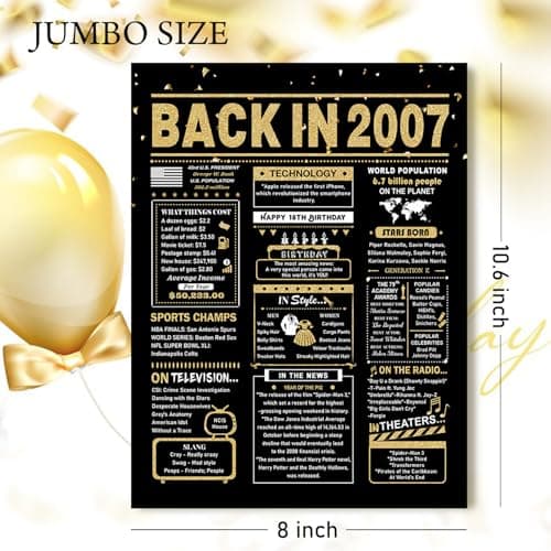 18th Birthday Card, 18th Birthday Decorations for Girls Boys, 18th Birthday Gifts for Son Daughter, Back in 2007 Birthday Card, Black Gold