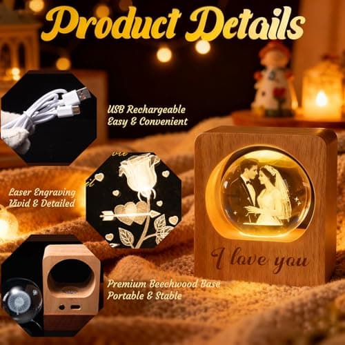 Personalized 3D Photo Crystal Ball, Memorial Gifts, Custom Engraved Picture Lamp with Wood Base, Color Changing Crystal Globe for Pets, Couples, Babies, Parents, Birthdays, Anniversaries(Circle)