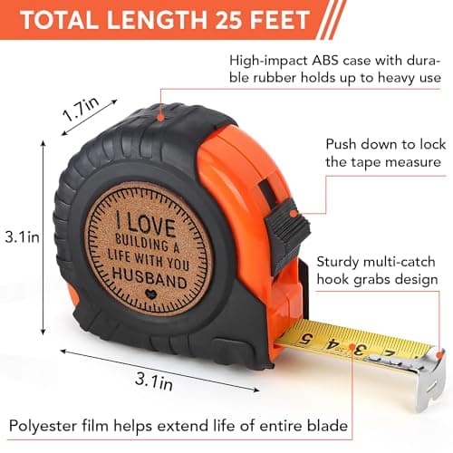 Husband Gifts for Birthday Anniversary Christmas Husband Gifts from Wife, Romantic Wedding Anniversary Men Gifts, Best Husband Ever Gifts, Genuine Leather Engraved 25 FT Tape Measure Useful Tools Gift