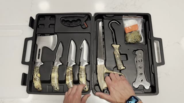 GVDV Hunting Knife Set - 14 Pieces, Portable Butcher Game Processing Kit for Men, Field Dressing Kit with Gut Hook Skinner Knife, Caping knife, Axe, Wood/Bone Saw, Spreader, Gloves, Gifts for Men