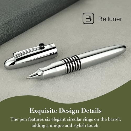 BEILUNER 320 Silver Chrome Rollerball - Stunning Luxury Pen with Chrome Finish, EDC, Heavy, Schmidt Black Ink Refill, Best Gift Set for Men & Women, Professional, Executive Office, Nice Classic Pens