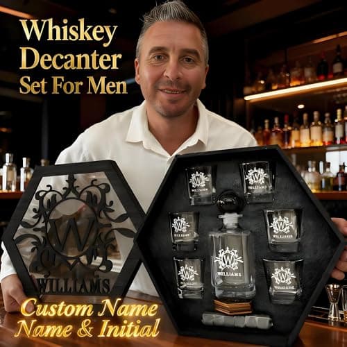Personalized Whiskey Decanter Set for Men Home Bar Custom Liquor Decanters Wooden Box Whiskey Glasses Set Gifts for Husband Dad Men Cave Christmas Birthday Anniversary Valentine‘s Day