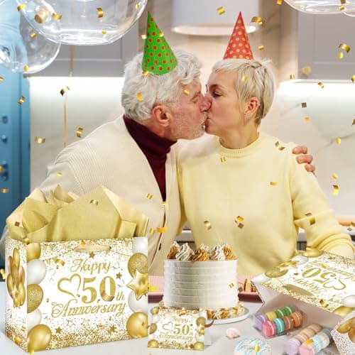 50th Anniversary Paper Gift Bag - White Gold Wedding Gift Wrapping Bag with Tissue Papers & Card - Perfect for Golden Wedding Anniversary or Christmas Decor