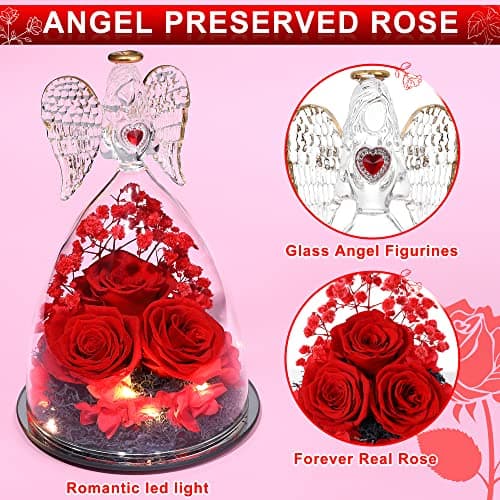 Mothers Day Rose Gifts for Women, Large Angel Figurines with Real Roses, Preserved Real Flower Rose for Her - Red