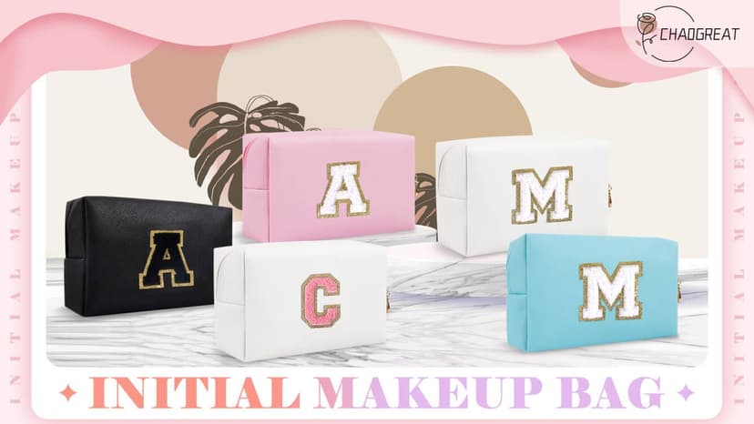 Small Personalized Initial A-Z Preppy Patch Makeup Bag,White PU Chenille Letter Travel Cosmetic Pouch with Zipper,Cute Toiletry Bag,Gift Ideal for Teen Girls Women Teacher Bridesmaid,Letter E