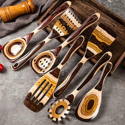 Gudamaye 7-Piece Brown Pakkawood Utensils Set – Sturdy, Eco-Friendly, Wooden Spoons for cooking, Wooden Utensil for cooking, Wooden Kitchen Tool, Home & Kitchen Gifts for Men and Women