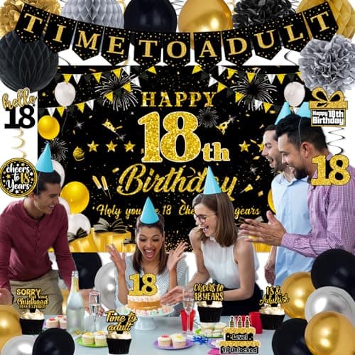18th Birthday Decorations for Boys Girls, Black Gold Happy 18th Birthday Party Decorations, Time To Adult Birthday Banner, Backdrop, Balloons, Hanging Swirls, BIrthday Cards, Cake Topper, Pompom 52pcs