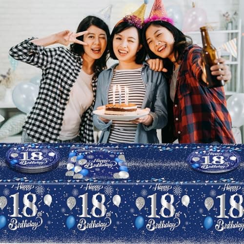Blue 18th Birthday Decorations for Boys Girls Navy Blue Silver Happy 18th Birthday Napkins Tablecloth Plates for 18th Birthday Anniversary Party Supplies Year Old Party Decorations