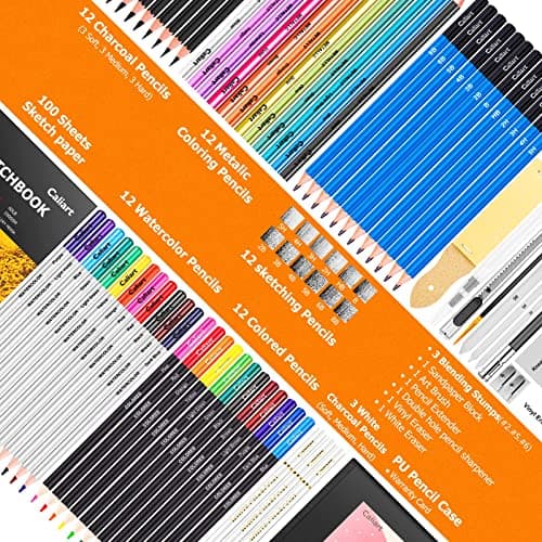 Caliart 176PCS Art Supplies Sketching Kit with 100 Sheets 3-Color Sketch Book, Graphite Colored Charcoal Watercolor & Metallic Pencils, School Supplies Gifts for Artists Adults Teens Girls Boys Kids