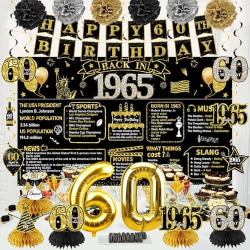 Zirtorei 60th Birthday Decorations for Men, 21pcs Vintage 1965 Banner Party Supplies, Black Gold 60 Year Old Birthday Backdrop, 60 Birthday Honeycomb Centerpiece Hanging Swirls Balloon Sash Gifts