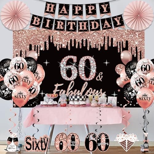 60th Birthday Decorations for Women, 33pcs Black Rose Gold Happy 60th Birthday Banner Crown and Sash Balloons Backdrop Hanging Swirls Paper Fans, 60 Years Old Party Supplies Kit