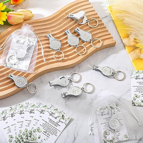 Fulmoon Wedding Multi Function Bottle Opener Nail Clipper Wedding Favors Brewery Cards White Organza Bags for Party Supplies Gift Souvenir Guests Men Women(50 Sets)