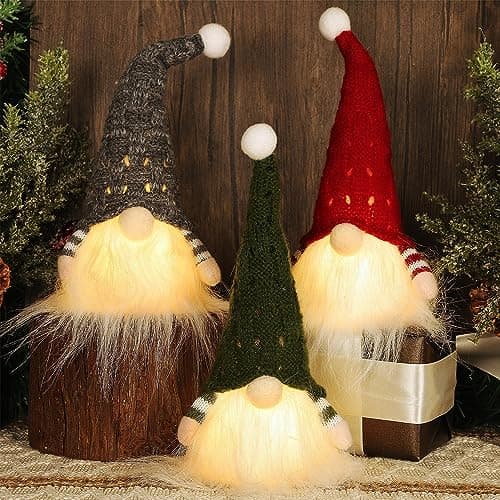 Juegoal Christmas Plush Gnomes, 9 Inch Lighted Handmade Mini gnome Scandinavian, Light Up Swedish Tomte Elf Holiday Present, Battery Operated Xmas Gifts Table Ornaments Dinner Party Supplies, Set of 3