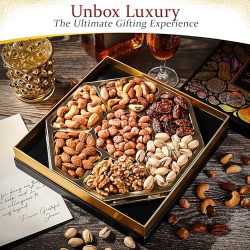 Nuts Gift Basket - Gourmet Nut Mix Gift Box, 7 Section Snack Basket with Assorted Nuts, Premium Nut Mix, Thoughtful Gifts for Holidays, Birthdays and Special Occasions