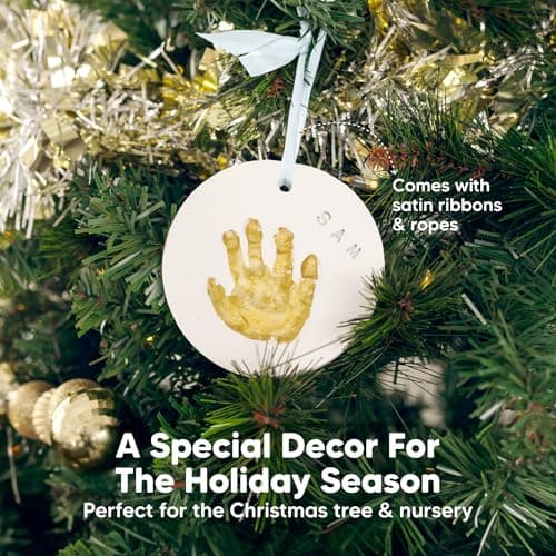 Baby Hand and Footprint Kit Girls, Boys - Personalized Baby’s First Christmas Ornament Kit, Newborn Christmas Gifts for New Mom, Cute Shower Gifts, Easy to Use Handprint Ornaments(Gold Paint, Cherish)