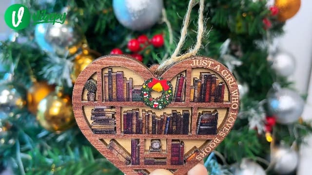 V VIBEPY All Over Printed, Book Lovers Ornaments, Bookshelf Heart Christmas Book Ornament 3.2"x3.5" 2 Layer, Gift for Girl Book Lovers, Gift Idea for Christmas