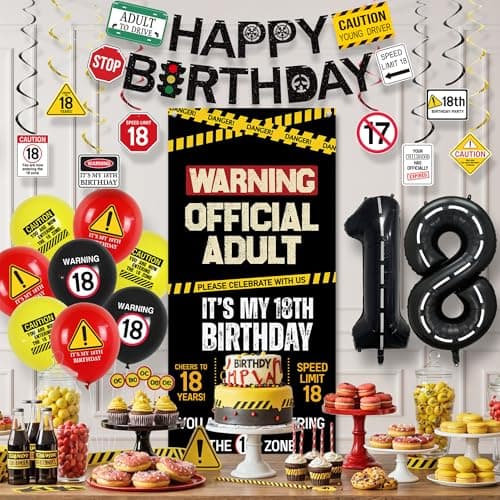 Roetyce 18th Birthday Decorations for Boys Girls, Caution Logos Happy 18th Birthday Banner Backdrop Balloons Hanging Swirls Kit, 18 Years Old Party Yard Door Wall Cover Background
