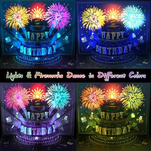 UPGRADED 3D Pop Up Firework Birthday Cards, Musical LED Lights Birthday Cards with Blowable Birthday Cake, Greeting Cards, Birthday Gifts for Mom Women Men Kids Child Dad Father Wife
