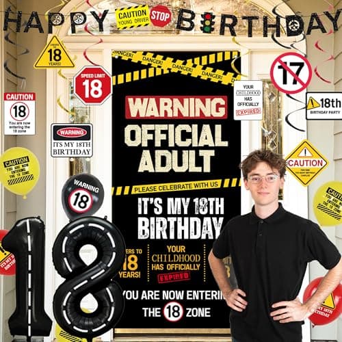 Roetyce 18th Birthday Decorations for Boys Girls, Caution Logos Happy 18th Birthday Banner Backdrop Balloons Hanging Swirls Kit, 18 Years Old Party Yard Door Wall Cover Background