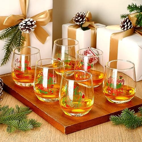 Funtery 6 Pcs Christmas wine Stemless Glass Funny Christmas Gift Set for Teacher Men Women Family Friend Coworker, Gift Ideal Birthday Wedding Party Supplies(Novel Style)