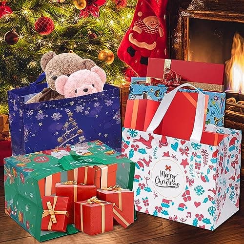 Heetobcos 12 Pack Christmas Gift Bags Large Reusable Tote Bags, Non-Wove Bags for New Year's Shopping, Christmas Surprise, Xmas Party Supplies,12.8"×9.8"×6.7"