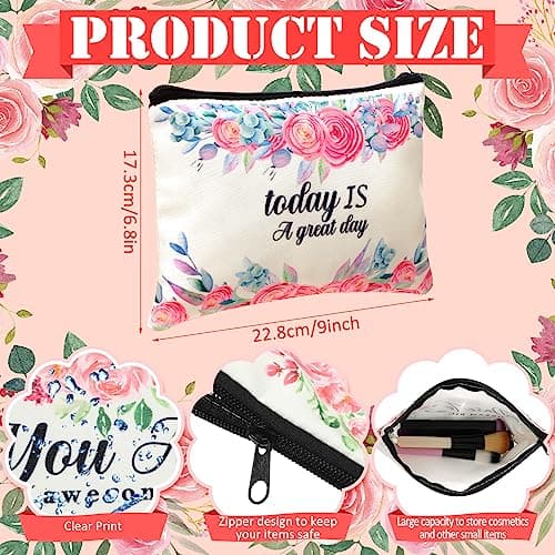 Pinkunn 16 Pcs Canvas Makeup Bags Bulk Inspirational Gift Quotes Cosmetic Bags with Zipper Encouragement Travel Toiletry Pouch Appreciation Gift for Women Girls Birthday Party Favors(Flower)