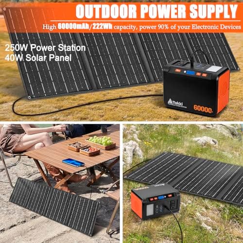 Takki Solar Generator 250W Portable Power Station with 40W Solar Panels 222Wh Pure Sine Wave Camping Lithium Battery Power Bank with AC 110V Outlet for Camping Home Use Emergency Outdoor