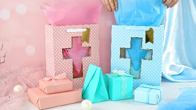 Loveinside Pink Gift Bag with Cross Design, Tissue Paper for Baby Girl Baptisms, Christenings, First Communions Religious Occasion- 10" x 5" x 13", 1 Pcs