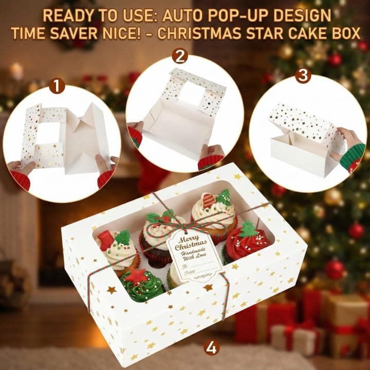 Zzrywuty 24 PCS Christmas Cookie Boxes for Gift Giving Golden Star White Bakery Boxes with Window,Christmas Treat Boxes for Pastry Dessert Cupcakes Mini Cake Pie Candy Donut,Baking Goods Packing Box