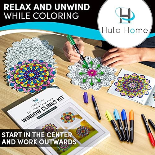 Hula Home Stained Glass Mandala Art Kit - DIY Window Clings with Markers, 10 Suncatchers - Perfect Hobby for Adults, Kids, Teens & Seniors - Ideal Gift for Beginners, Women & Elderly