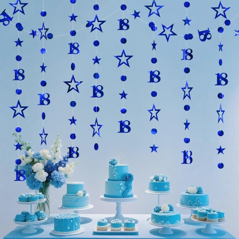 Blue 18th Birthday Garland Blue 18 Circle Dot Twinkle Star Streamer Happy Birthday Hanging Bunting Banner Backdrop for Boys Time to Adult 18 Years Old Party Decorations 30 Feet