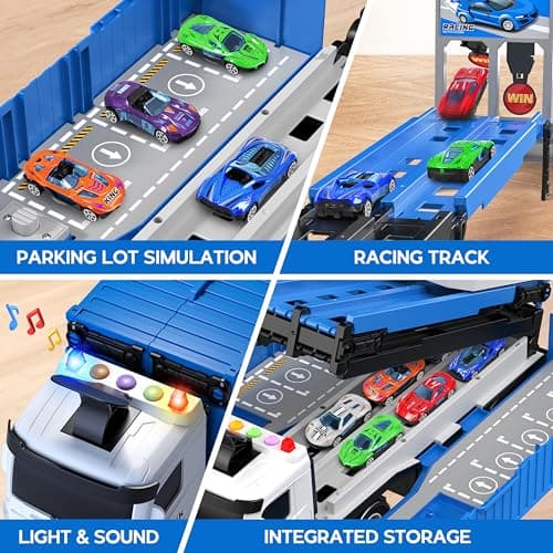 Carrier Truck Race Track Toddlers Toys, Foldable 3 Layer Track Playset, Toy Truck Transport Car Carrier & 8 Race Cars, Truck Car Kids Toys Xmas Gifts for Age 3 4 5 6+ Years Old Boys Girls