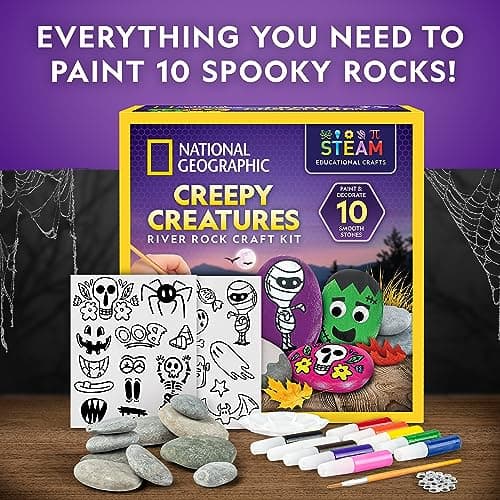 National Geographic Creepy Creatures Rock Painting Kit - Halloween Arts & Crafts Kit for Kids, Decorate 10 River Rocks with 10 Paint Colors & More Spooky Art Supplies, Halloween Gifts for Kids