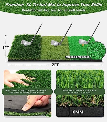 Golf Net, 10x7ft Practice Net with Tri-Turf Mat, All-in-1 Home Golf Hitting Aid for Backyard Driving Chipping Swing Training, Black