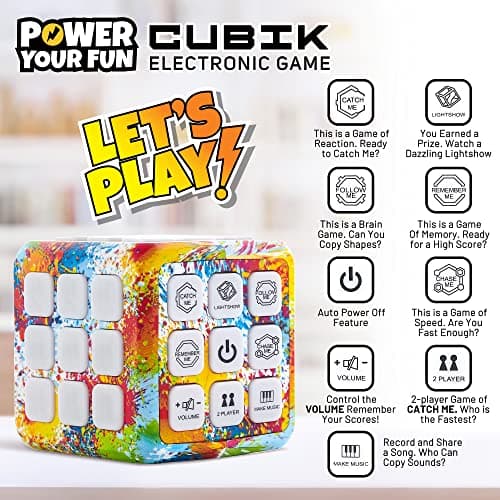Power Your Fun Cubik LED Flashing Cube Memory Game - Electronic Handheld Game, 5 Brain Memory Games for Kids STEM Sensory Toys Brain Play Puzzle Fidget Light Up Cube Stress Relief Fidget Toy (Tie Dye)