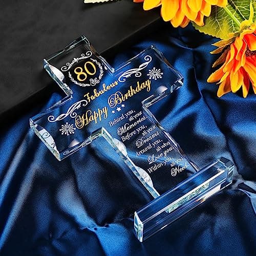80th Birthday Religious Gifts for Women, Men, Friends, Grandma & Mom - Glass Stand Cross Engraved with 80 Year Old Birthday Blessing, Turning 80 Keepsake Home Decor