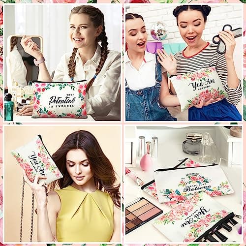 Pinkunn 16 Pcs Canvas Makeup Bags Bulk Inspirational Gift Quotes Cosmetic Bags with Zipper Encouragement Travel Toiletry Pouch Appreciation Gift for Women Girls Birthday Party Favors(Flower)