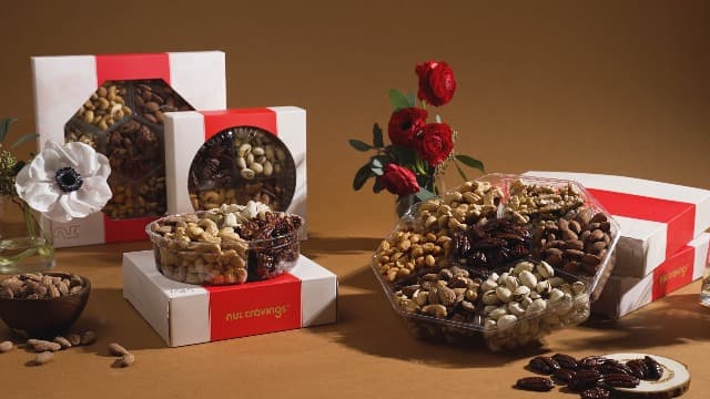 NUT CRAVINGS - Diwali Mixed Nuts Gift Basket in Red Gold Box (7 Assortments, 1 LB) Food Arrangement, Healthy Snack Care Package, Food Assortments